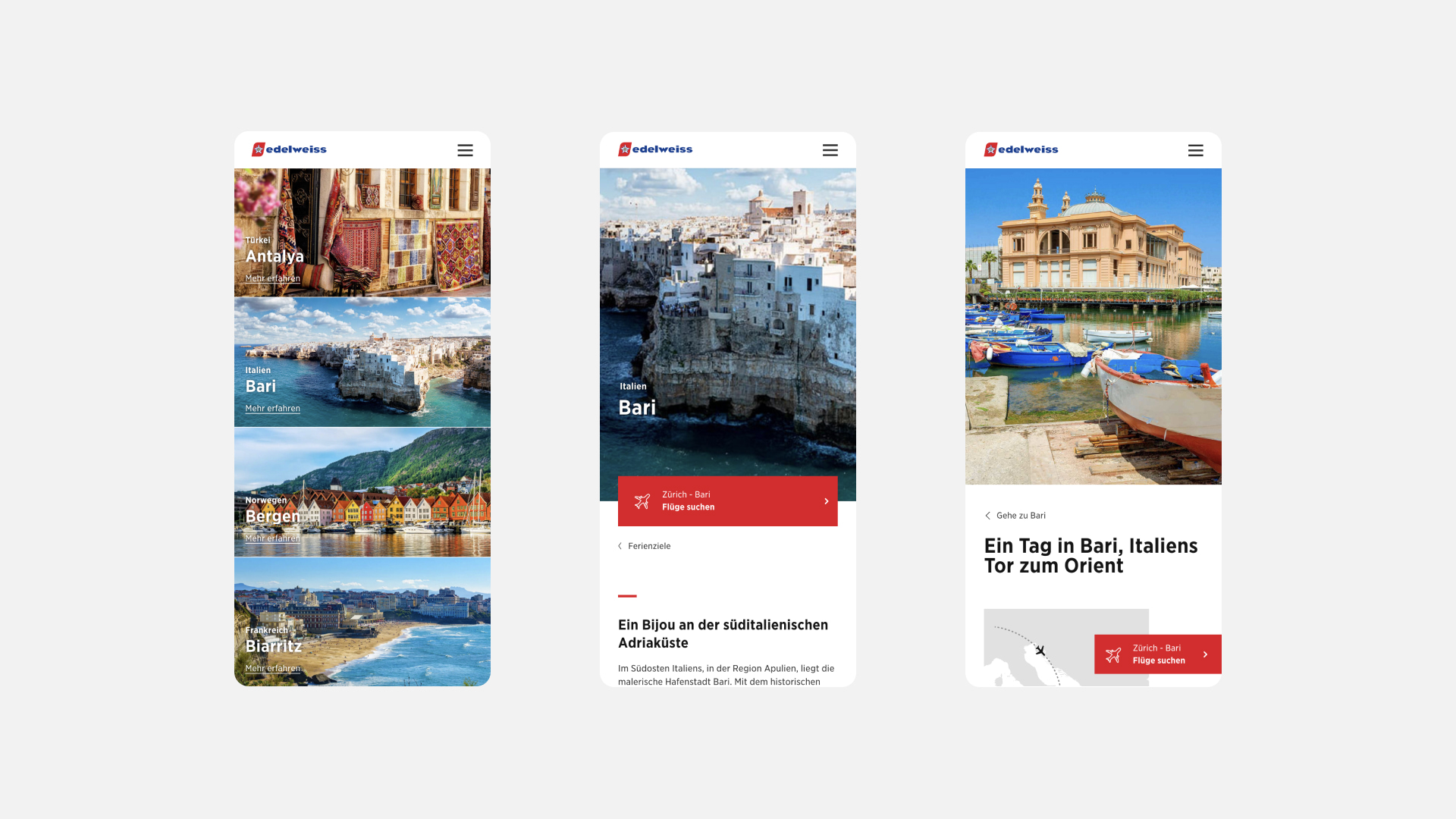 Three mobile screenshots showing different pages of the Edelweiss website