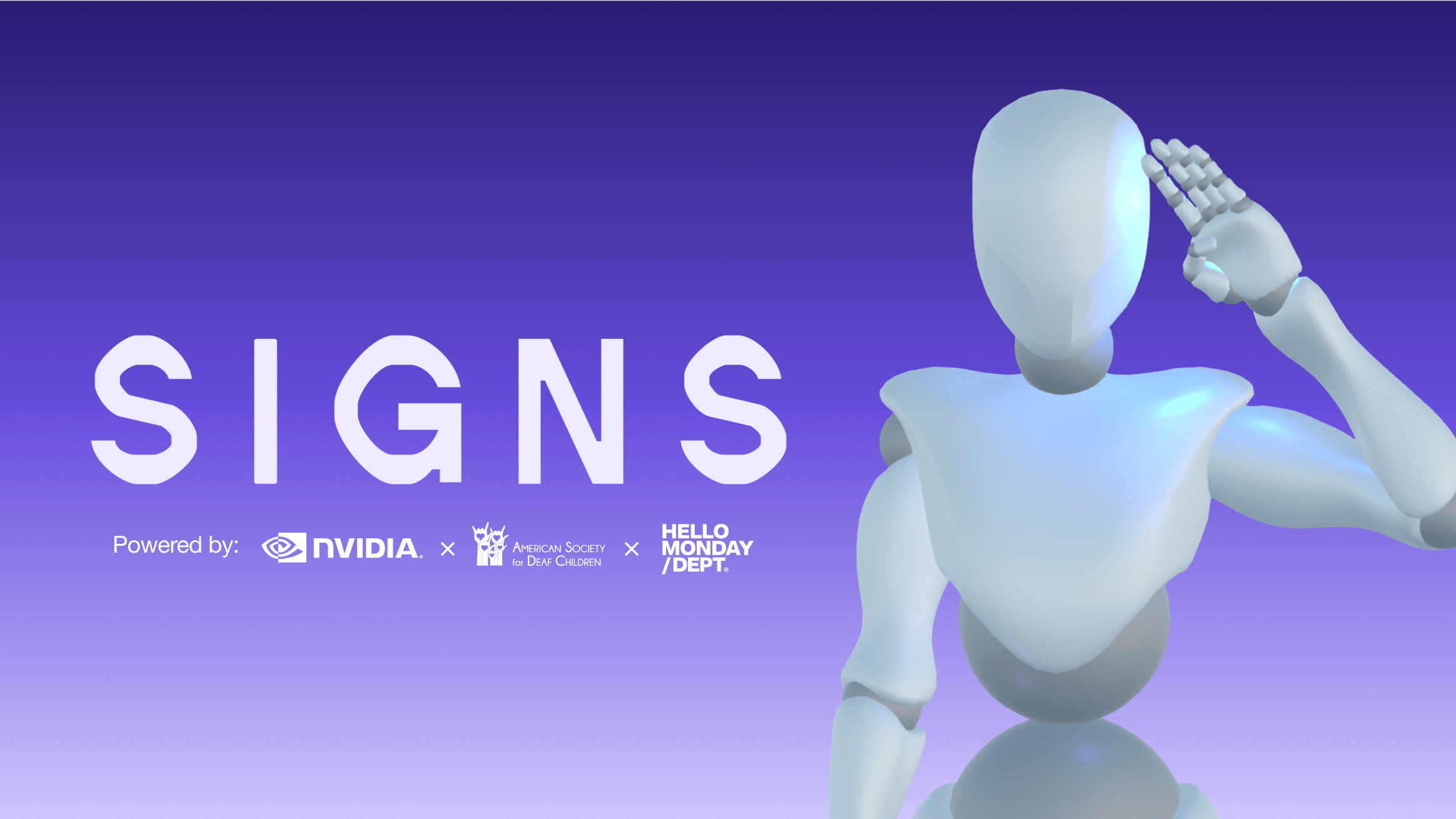Big background with white text that says "signs" with a robot next to it